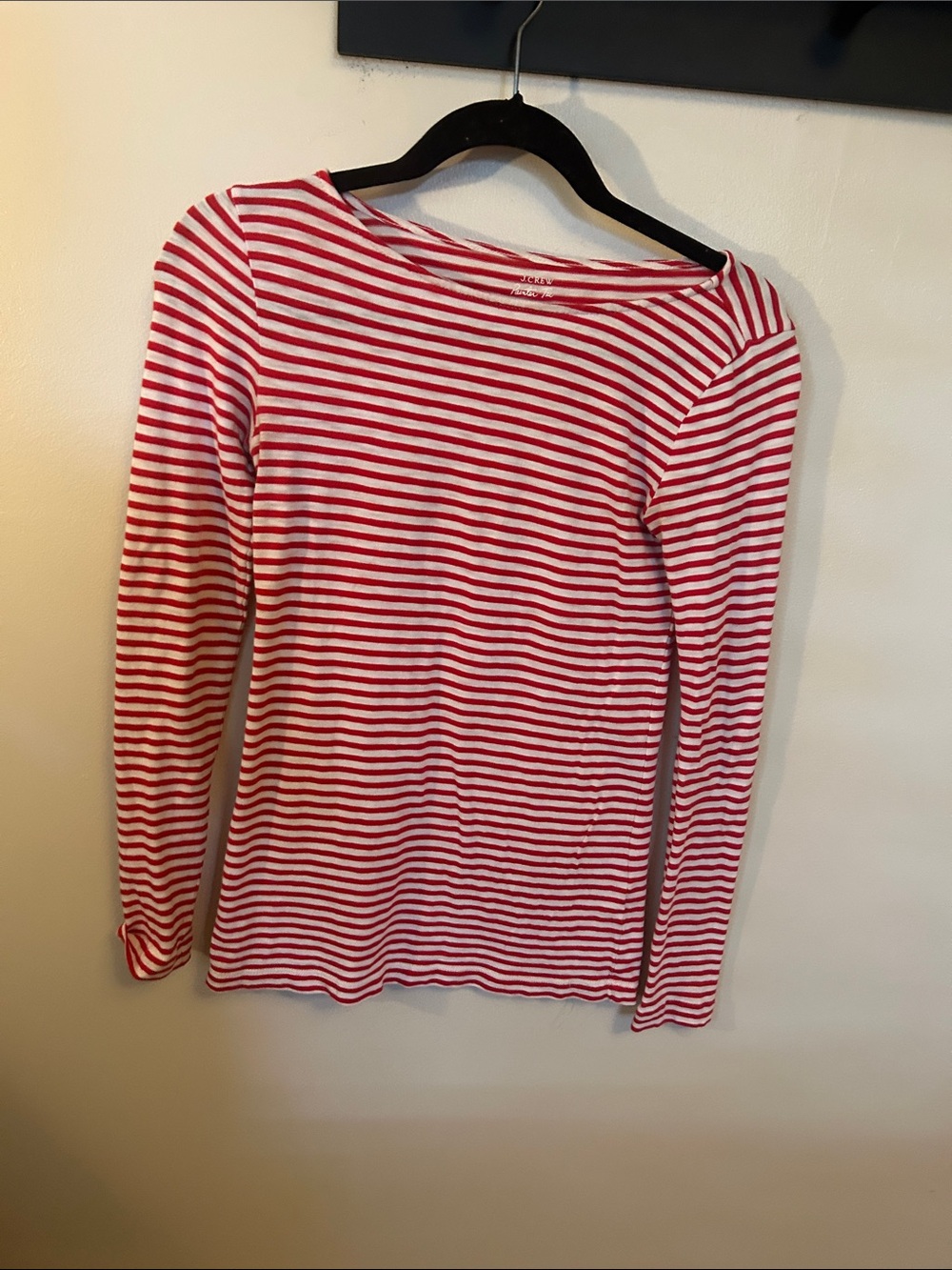 J. Crew Red and White Striped Long-Sleeve Boatneck Top